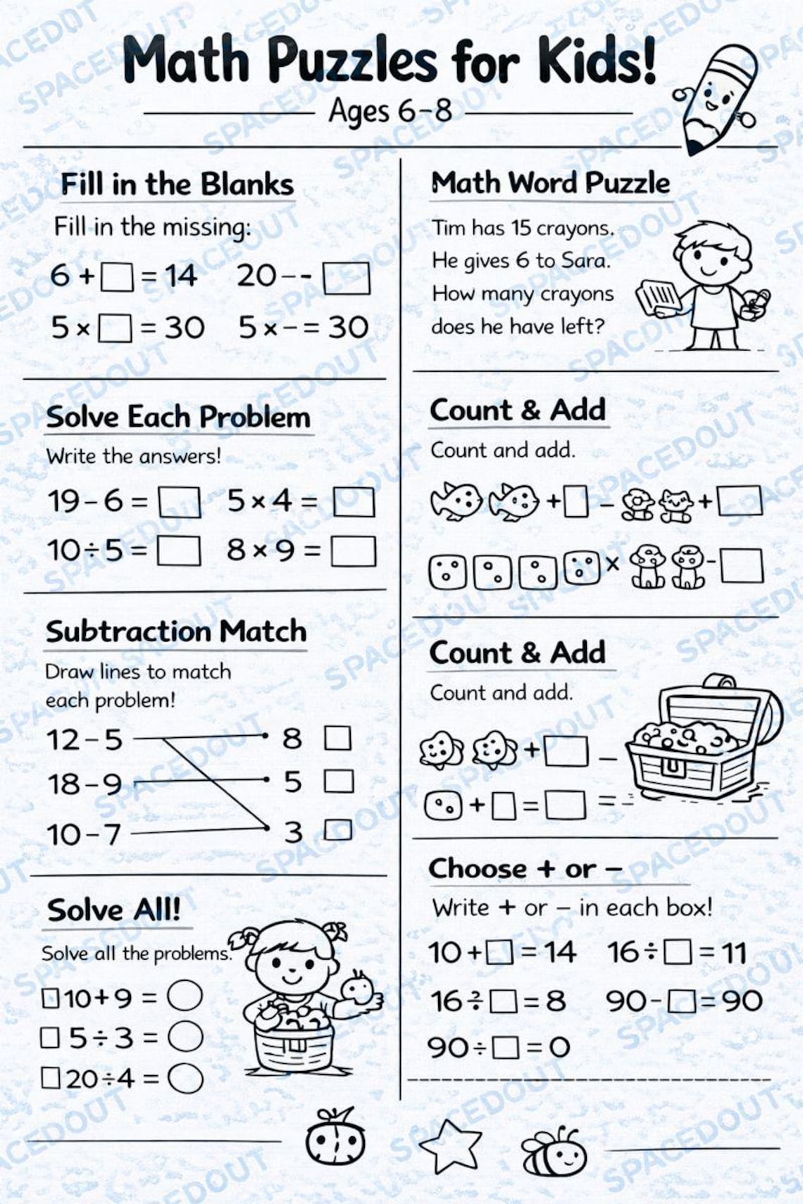 Math Puzzles for Kids Ages 6-8 | Printable Black & White Worksheets ...