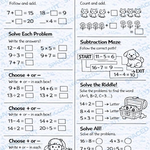 Op de afbeelding: Een zwart-wit wiskundepuzzelwerkblad voor kinderen van 6-8 jaar. Het werkblad bevat optel-, aftrek- en raadselproblemen, met illustraties van katten, bloemen en een schatkist. De titel "Math Puzzles for Kids!" staat bovenaan.
