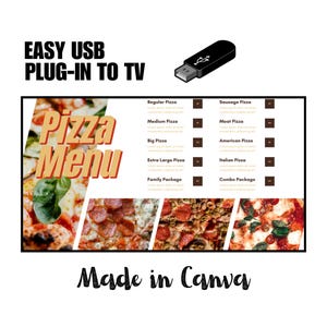 Tablica menu telewizyjnego dla pizzerii, Tablica menu pizzy, Cyfrowa tablica menu, Menu pizzy, Statyczny DIY, Szablon tablicy menu telewizyjnego, Szablon Canva,