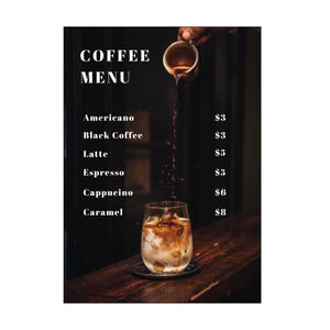 Modelo de cardápio de café editável para Canva, design de lista de preços de café personalizado em tamanho A4 para baristas, caminhões de café e cafés