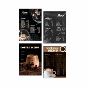 Conjunto de 12 Modelos de Cardápio de Café | Lista de Preços de Cafeterias Editável do Canva | Designs de Cardápio de Café Personalizáveis