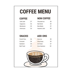Modelo de Cardápio de Café Minimalista para Canva, Lista de Preços de Café Editável em Tamanho A4, Design Personalizado para Cafeterias Modernas