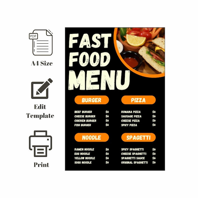 Editable Digital Fast Food Menu Template | A4 Canva Design | Instant ...