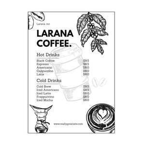 Modelo de cardápio de café estético Canva, lista de preços editável em tamanho A4, cardápio personalizado para cafeterias e bares de café expresso