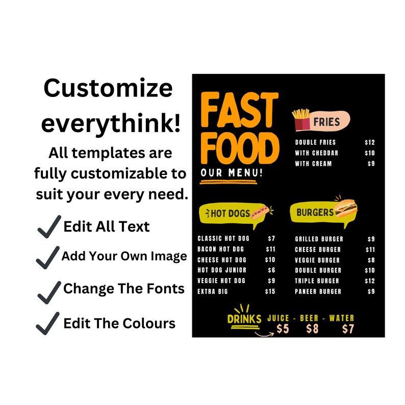 Fast Food Style Menu Template in Canva | A4 Editable Restaurant Menu ...