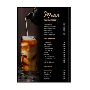 Modelo de cardápio de café tamanho A4 para Canva, design de lista de preços de café editável, perfeito para cardápios personalizados de cafeterias
