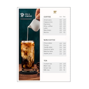 Modelo de cardápio de café Canva tamanho A4, lista de preços personalizável para cafeterias, design imprimível e editável para cafeterias