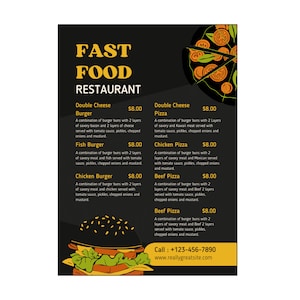 Plantilla de menú de comida rápida imprimible / Diseño de menú A4 editable en Canva / Descarga instantánea para uso en restaurantes