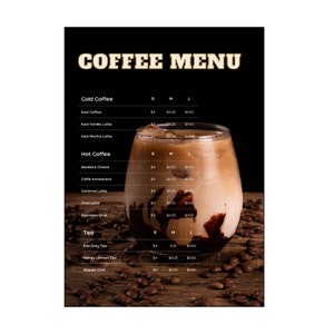Modelo de lista de preços de cafeteria Canva, design de cardápio editável em tamanho A4, cardápio de café personalizado para impressão para pequenos cafés