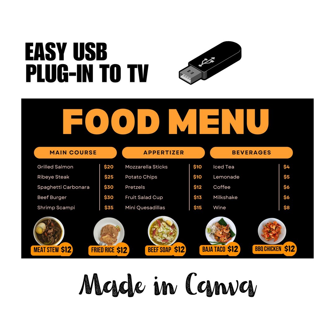 Digital TV Restaurant Menu Template, Editable Canva Design (16:9 ...