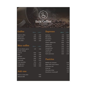 Modelo de cardápio de café tamanho A4 para Canva, lista de preços de café editável, cardápio de cafeteria personalizado perfeito para impressão ou exibição