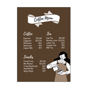 Modelo de cardápio de cafeteria editável no Canva, tamanho A4, lista de preços personalizável para cafés, baristas e cafeterias