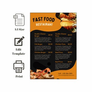 Editable Fast Food Menu Design in Canva | A4 Printable Restaurant ...
