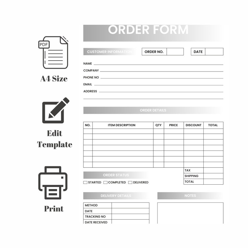 Editable Order Form Template, Printable Small Business Order Form ...