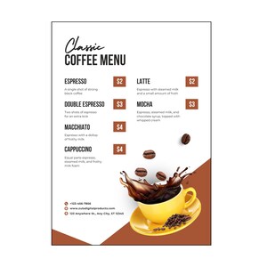 Modelo de cardápio de café editável no Canva, lista de preços de cafeterias para impressão em tamanho A4, fácil de personalizar para cafés