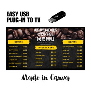 Quadro de menu de TV, Quadro de menu digital DIY fácil, Menu de café, Quadro de menu de café, Menu digital, Modelo de menu digital Canva, Modelo de quadro de menu
