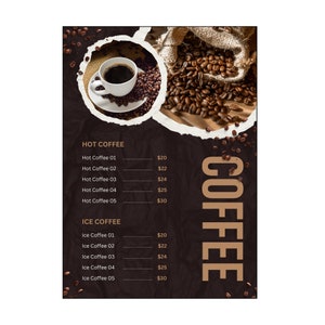 Modelo de cardápio de café tamanho A4 da Canva, lista de preços para café para impressão e edição, design personalizável para uso em cafeterias
