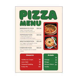Plantilla de menú de pizza para restaurante en Canva / Menú A4 editable con precios / Diseño personalizado de descarga instantánea