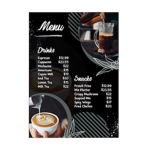 Modelo de cardápio de café personalizado para Canva, design de cardápio de café editável em tamanho A4, perfeito para baristas e pequenas cafeterias