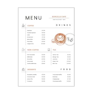 Modelo de menu de café, modelo de menu de café personalizável, modelo de lista de preços de cafeteria, modelo de menu de café de design fácil Canva tamanho A4