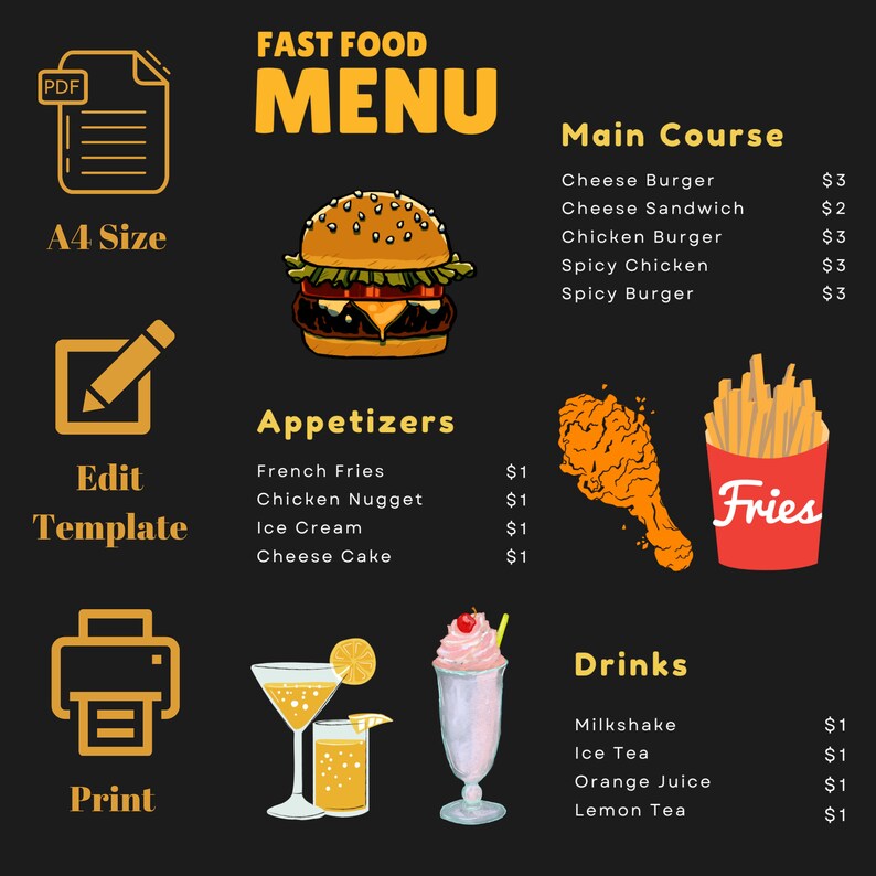 Modern Fast Food Menu Template in Canva | A4 Printable Editable Menu ...
