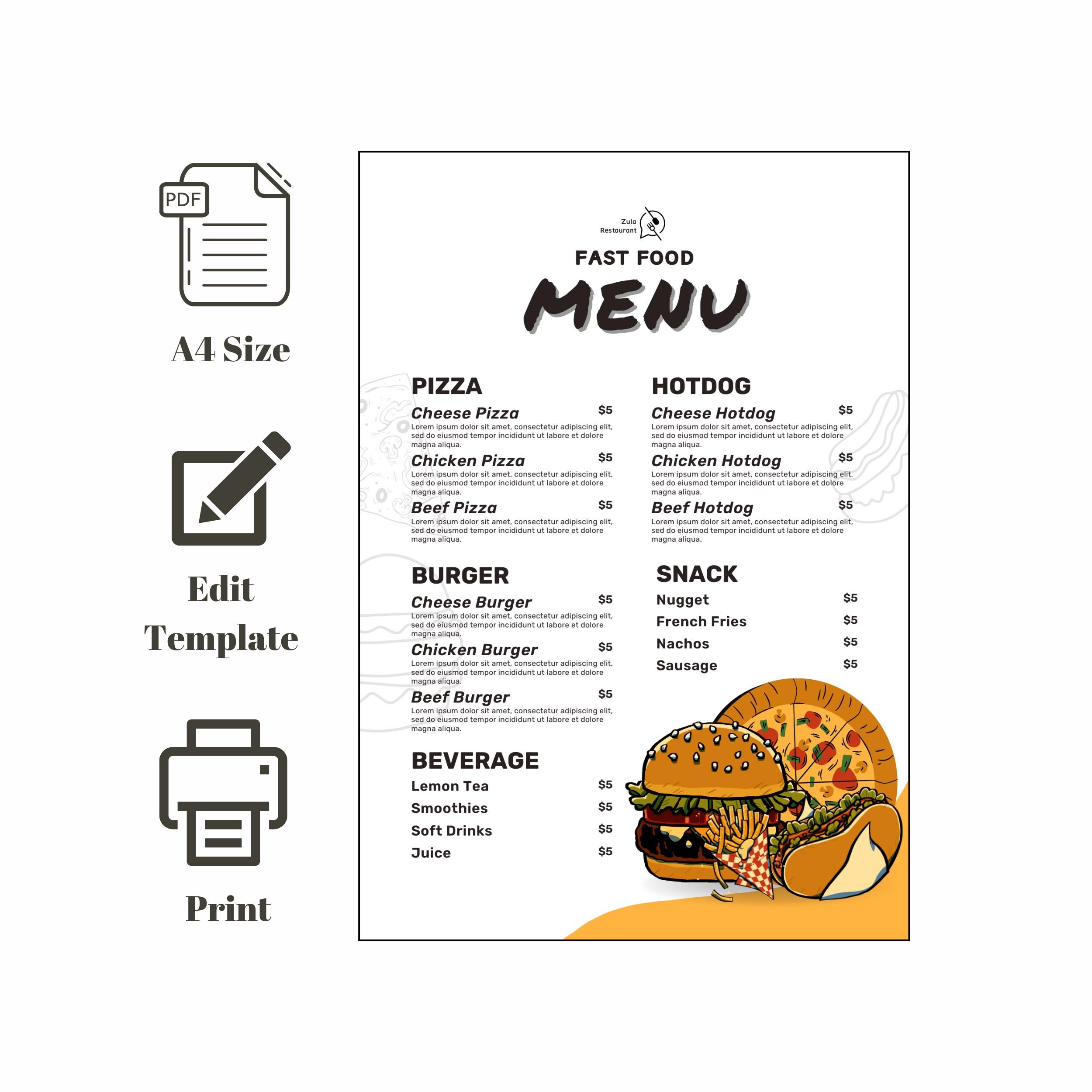 Fast Food Menu Template Editable Fast Food Menu Template A4 Size ...