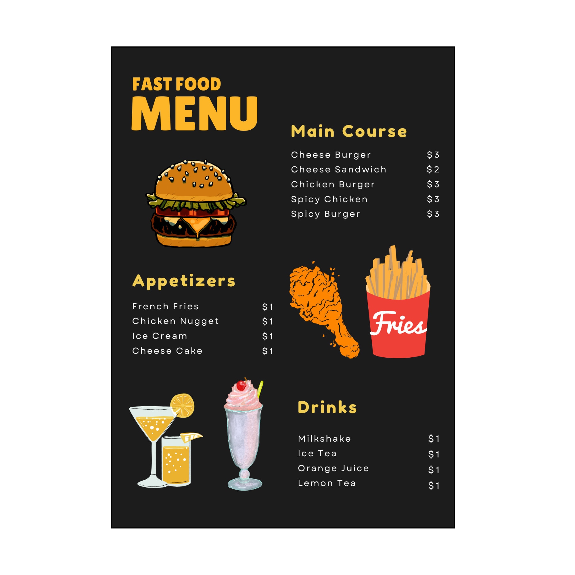 Modern Fast Food Menu Template in Canva | A4 Printable Editable Menu ...