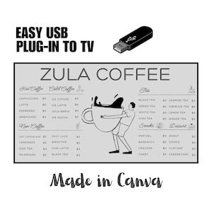Quadro de menu de TV, Quadro de menu digital DIY fácil, Menu de café, Quadro de menu de café, Menu digital, Modelo de menu digital Canva, Modelo de quadro de menu