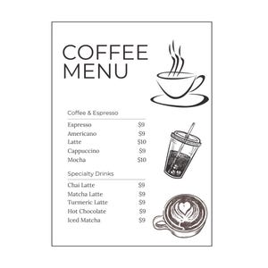 Modelo de cardápio de cafeteria Canva, lista de preços editável em tamanho A4, design de cardápio de cafeteria personalizado para impressão ou exibição digital