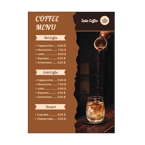 Modelo de cardápio de cafeteria Canva, lista de preços editável em tamanho A4 para cafeterias, design de cardápio de cafeteria personalizado e fácil de editar