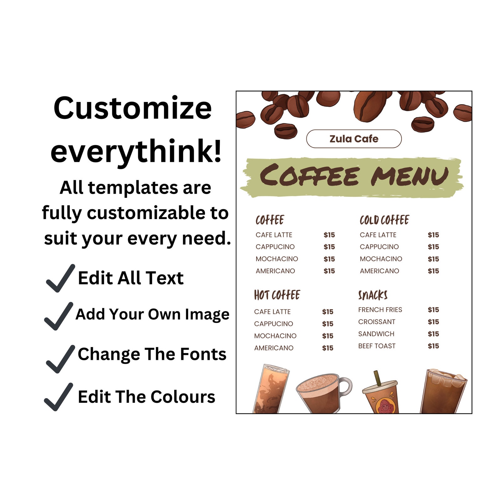 Printable Coffee Menu Template in Canva, A4 Size Editable Price List ...
