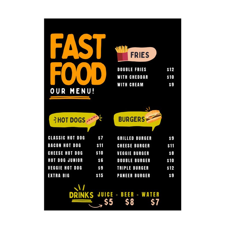 Fast Food Style Menu Template in Canva | A4 Editable Restaurant Menu ...