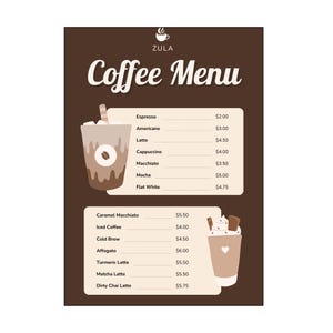 Modelo de cardápio de café A4 personalizável no Canva, lista de preços de café para impressão para baristas, fácil de editar e design elegante