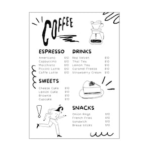 Modelo de lista de preços de cardápio de café no Canva, cardápio de café editável em tamanho A4, personalizável e imprimível para proprietários de cafeterias