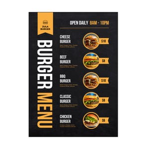 Plantilla de menú de hamburguesas imprimible en Canva, diseño A4 personalizable, diseño de menú editable para restaurante de comida rápida.
