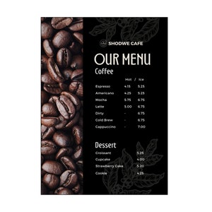 Modelo de cardápio de café para Canva, design de lista de preços personalizável em tamanho A4, cardápio para impressão fácil de editar para cafés e cafeterias