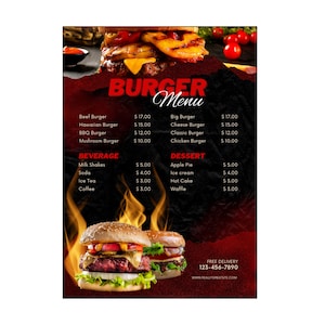 Plantilla de menú de hamburguesas de comida rápida para Canva, menú de lista de precios A4 personalizado, menú de restaurante editable e imprimible