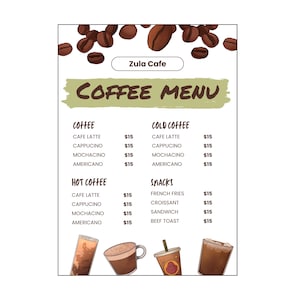 Modelo de cardápio de café para impressão no Canva, lista de preços editável em tamanho A4, perfeito para cafés, barracas de café e bares de café expresso