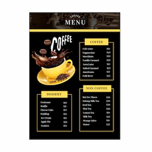 Modelo de cardápio de café Canva, lista de preços de cafeteria editável em formato A4, design de cardápio de café personalizado perfeito para baristas e pequenos cafés