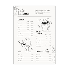 Modelo de cardápio de café para barista no Canva, lista de preços de café editável e imprimível em tamanho A4, design personalizado para amantes de café