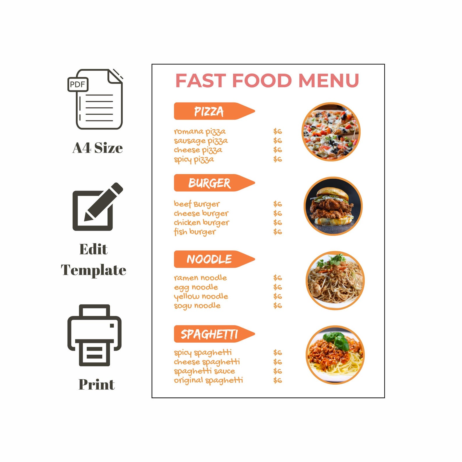 Fast Food Menu Template Editable Fast Food Menu Template (A4 Size