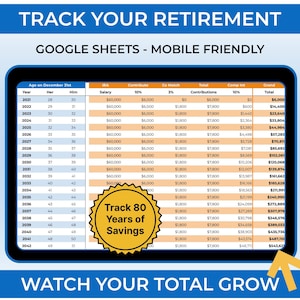 Puede incluir: Un rastreador digital de ahorros para la jubilación en una pantalla de tableta. La hoja de cálculo incluye columnas para año, edad, salario, contribuciones y total. Un gráfico de estrella amarilla con el texto Track 80 Years of Savings se superpone a la tabla. El encabezado dice TRACK YOUR RETIREMENT y el pie de página WATCH YOUR TOTAL GROW.