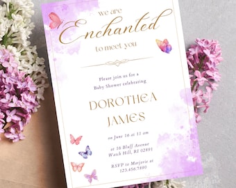 Invitación para baby shower con diseño de mariposa encantada, temática Swiftie (descarga digital)