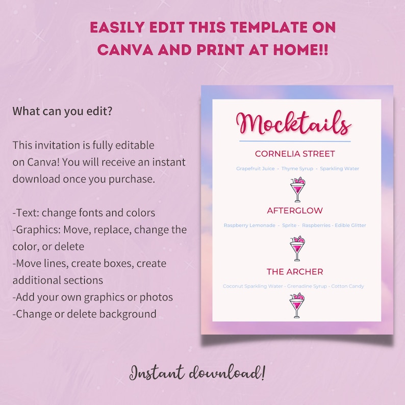 Swiftie Lover Inspired Drinks Menu | Baby Shower | Pastel Clouds | Pink ...