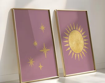 Boho Sun and Stars Art Print Set: Mauve Celestial Wall Decor (Digital Download)