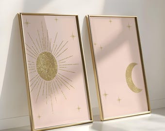 Boho Glitter Sun and Moon Art Prints, Pink Celestial Wall Decor (Digital Download)