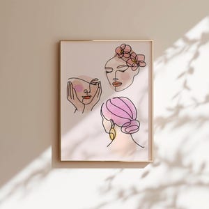 Tudo o que penso é você - Impressão artística instantânea de três retratos femininos em linha com aquarela floral em tons neutros quentes