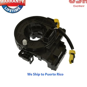 May include: Black steering wheel column with a yellow connector and a white button. The steering wheel column is a replacement part for a car.