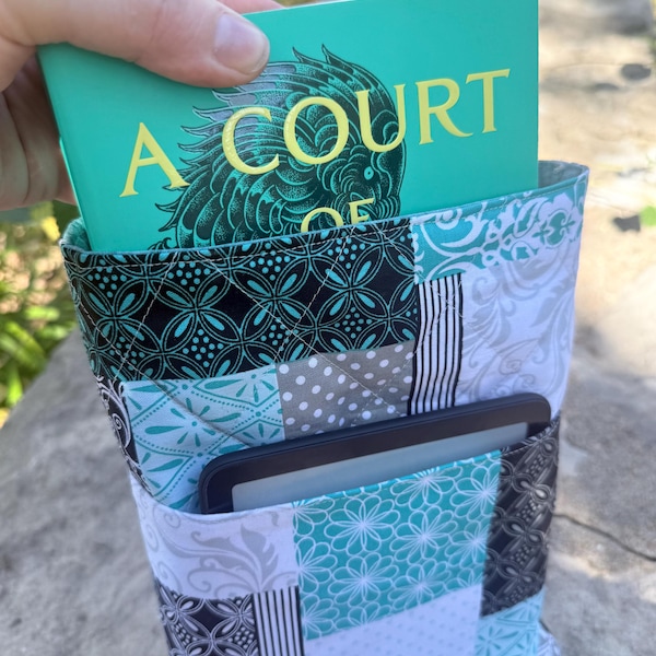 Quilted Book Sleeve with Pocket | Turquoise & Gray Patchwork Cover
