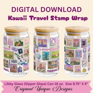 Puede incluir: Tres vasos transparentes para beber con tapas de madera, cada uno envuelto con un diseño de sello de viaje Kawaii. El diseño incluye sellos con ilustraciones de monumentos, animales y artículos relacionados con viajes. Las tazas miden 24,77 cm x 12,7 cm y contienen 473 ml.